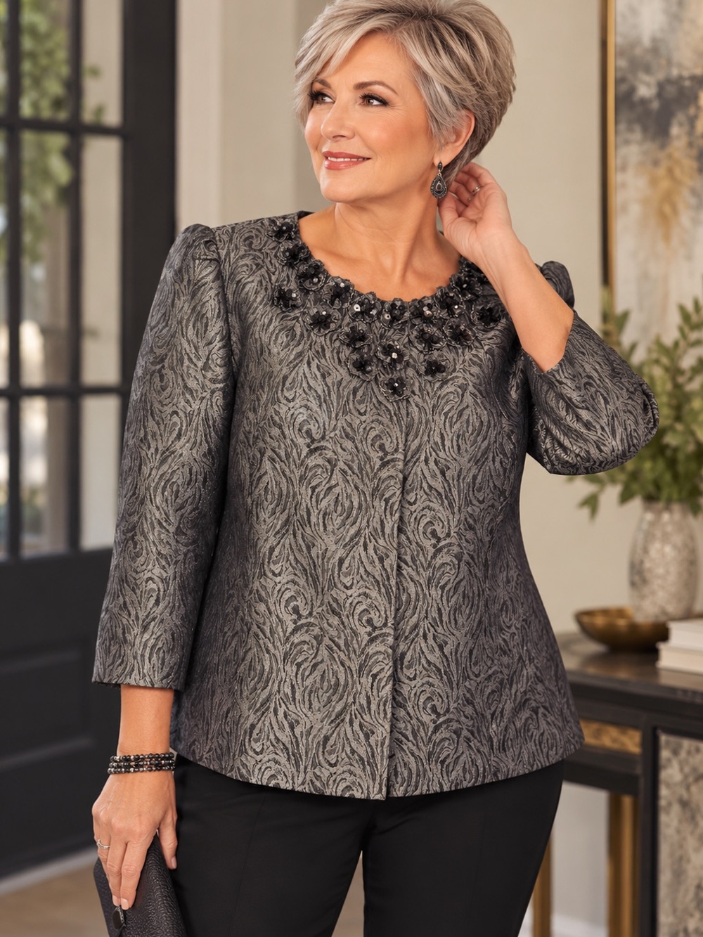 𝙏𝙖𝙝𝙖𝙧𝙞 𝘼𝙧𝙩𝙝𝙪𝙧 𝙎. 𝙇𝙚𝙫𝙞𝙣𝙚 𝙇𝙐𝙓𝙀 Jacket 18W Metallic Gray Jacquard Beaded Evening